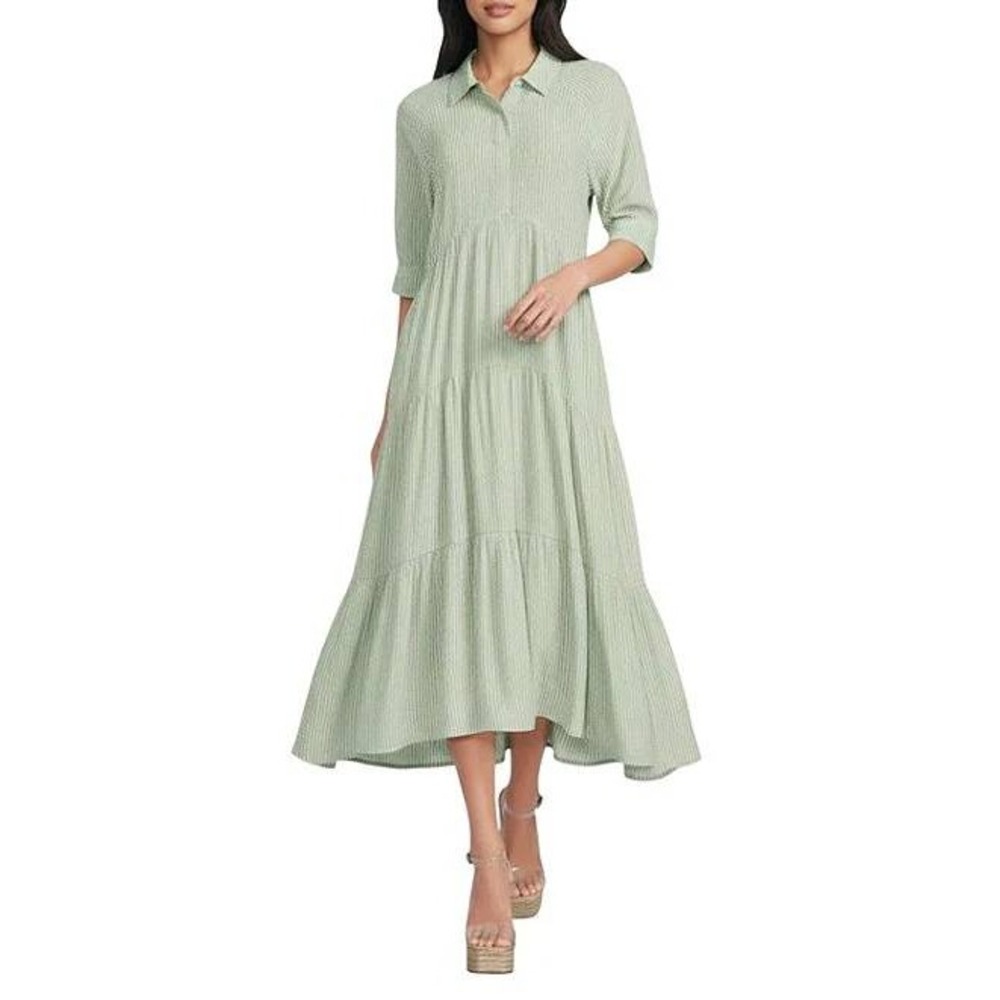 A Loves A Pinstripe Print Button Blouson Tiered Waistless Midi Shirt Dress L NWT